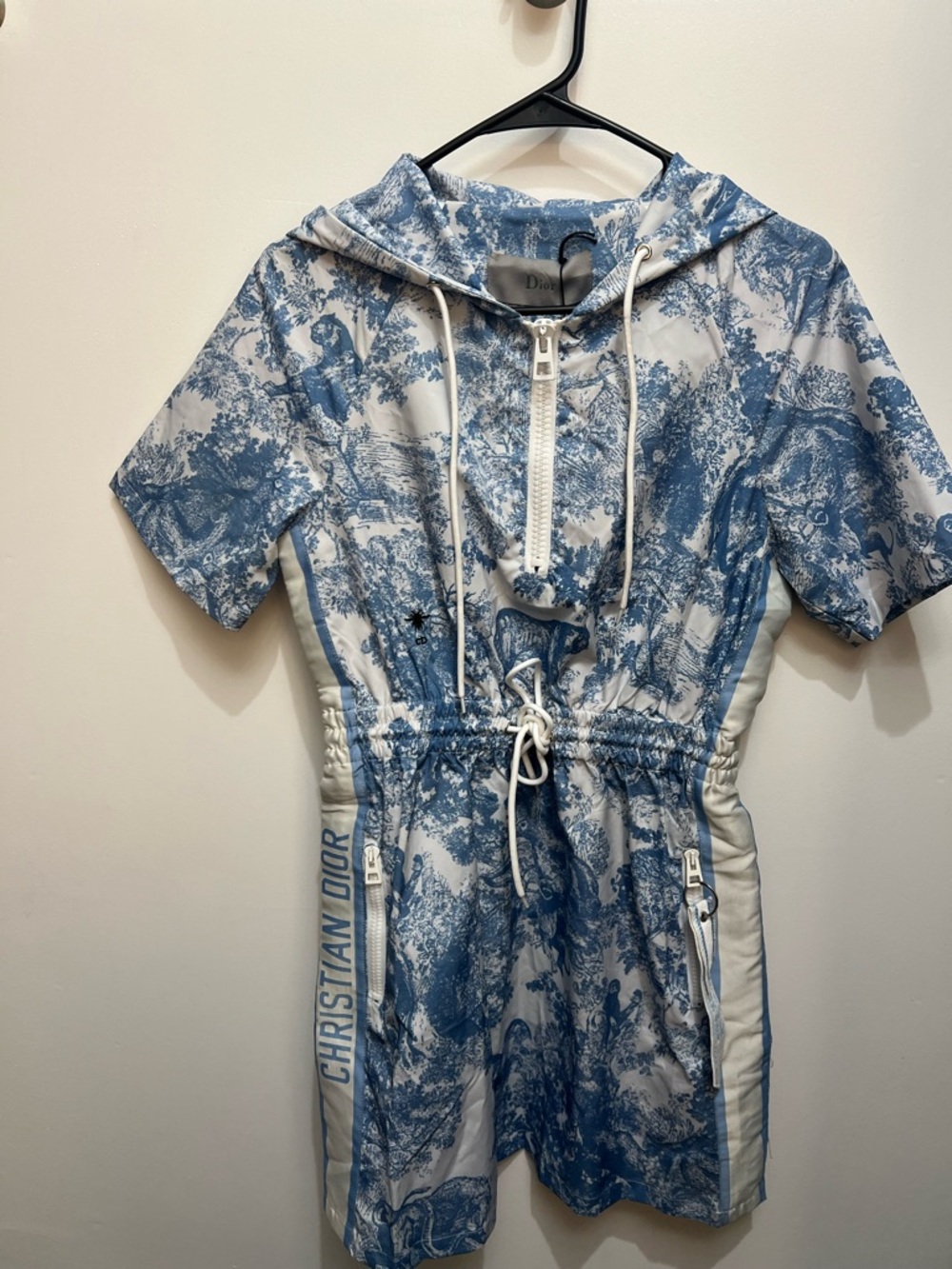 Blue Toile Hooded Romper.